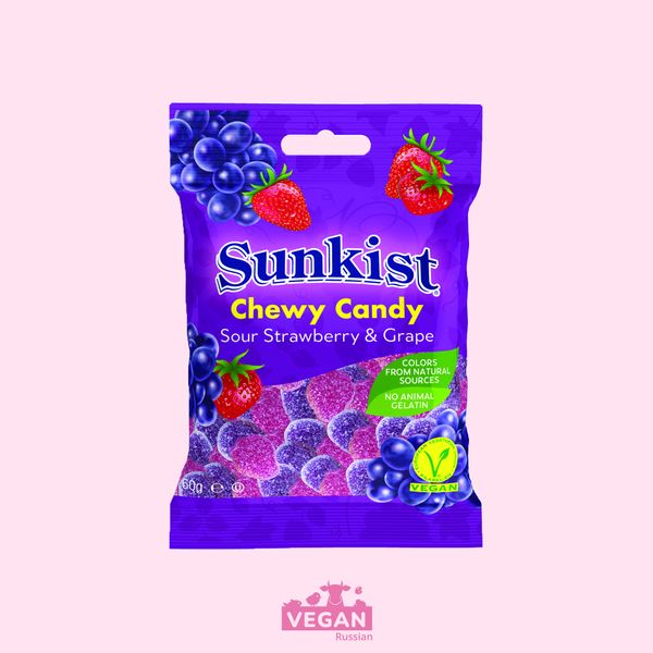 Мармелад жевательный кислая клубника и виноград Sunkist Chewy Candy 60 г